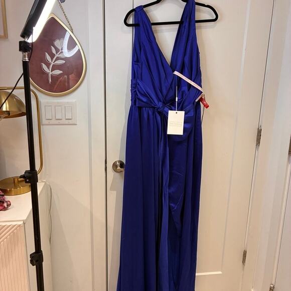 NWT Mac Duggal Royal Blue Satin High Slit Gown Sz 14 MSRP $595 - Picture 2 of 12